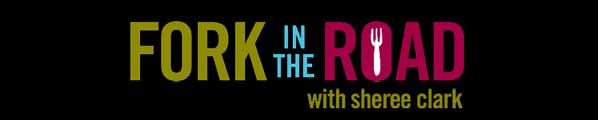 Logo for 'Fork in the Road with Sheree Clark' featuring the text in bold colors with a fork symbol replacing the letter 'I' in 'ROAD'.